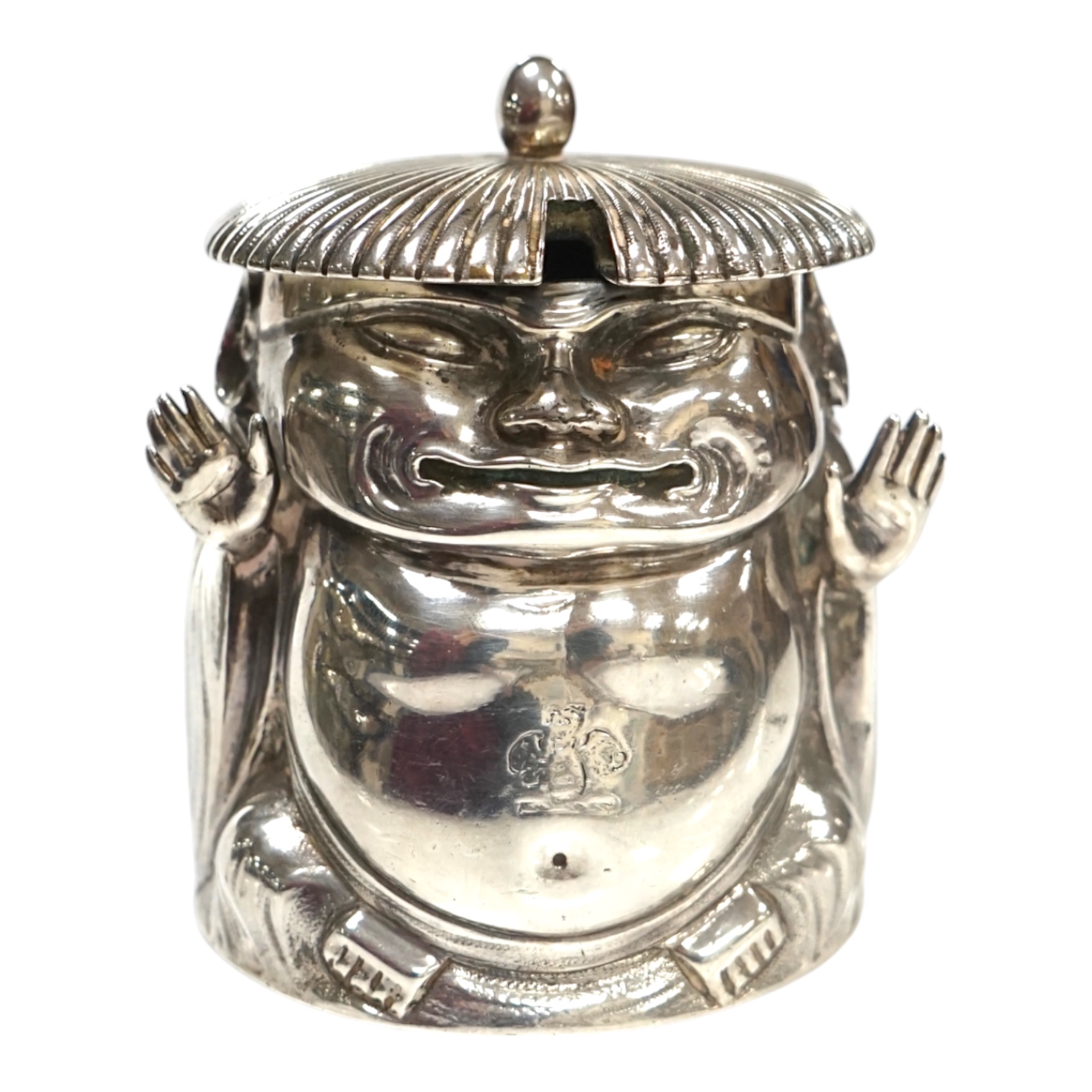 A Victorian novelty silver mustard, modelled as a Chinaman, with blue glass liner, by Richard Sibley II, London, 1847, height 85mm, 6.1oz. Condition - fair